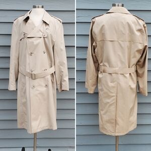 Vintage 80s Towncraft Double Breasted Belted British Khaki Faux Fur Trench Coat